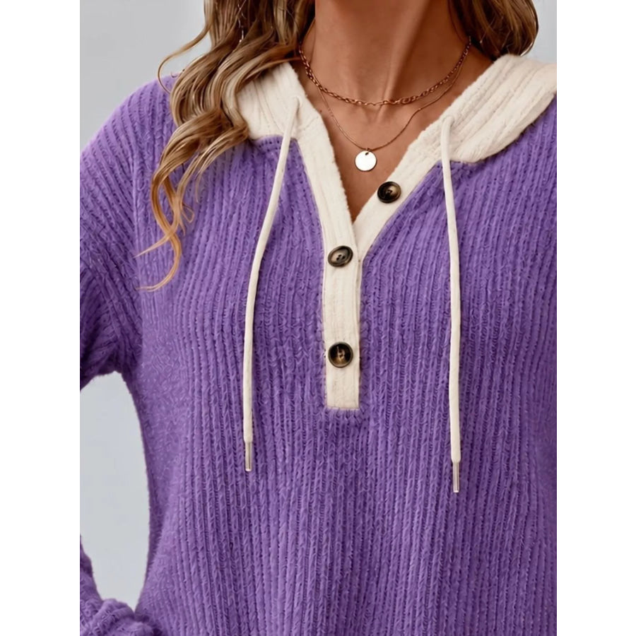 Full Size Drawstring Button Detail Hooded Sweater Plus Size Apparel and Accessories