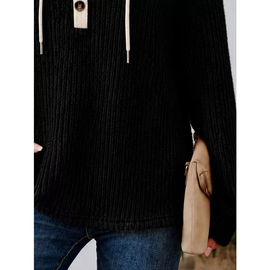 Full Size Drawstring Button Detail Hooded Sweater Plus Size Apparel and Accessories