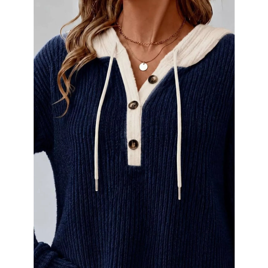 Full Size Drawstring Button Detail Hooded Sweater Plus Size Apparel and Accessories