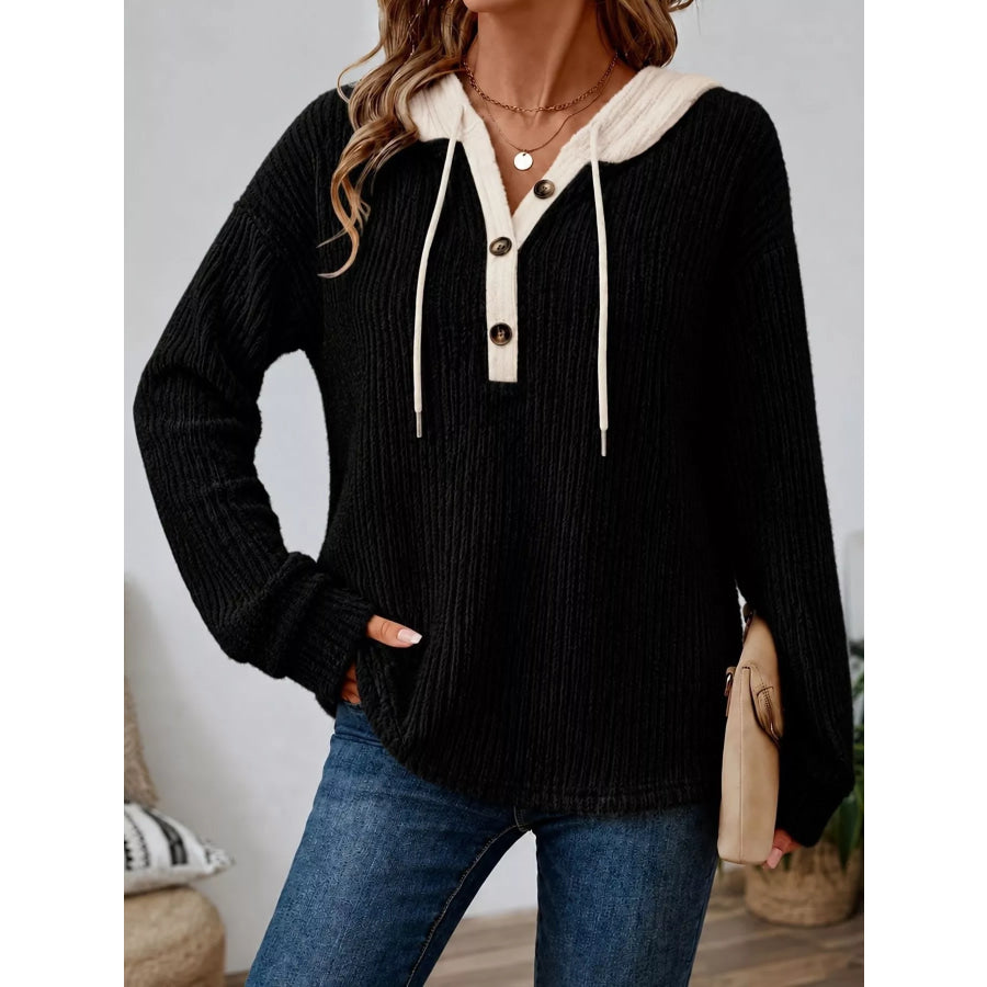 Full Size Drawstring Button Detail Hooded Sweater Plus Size Black / S Apparel and Accessories
