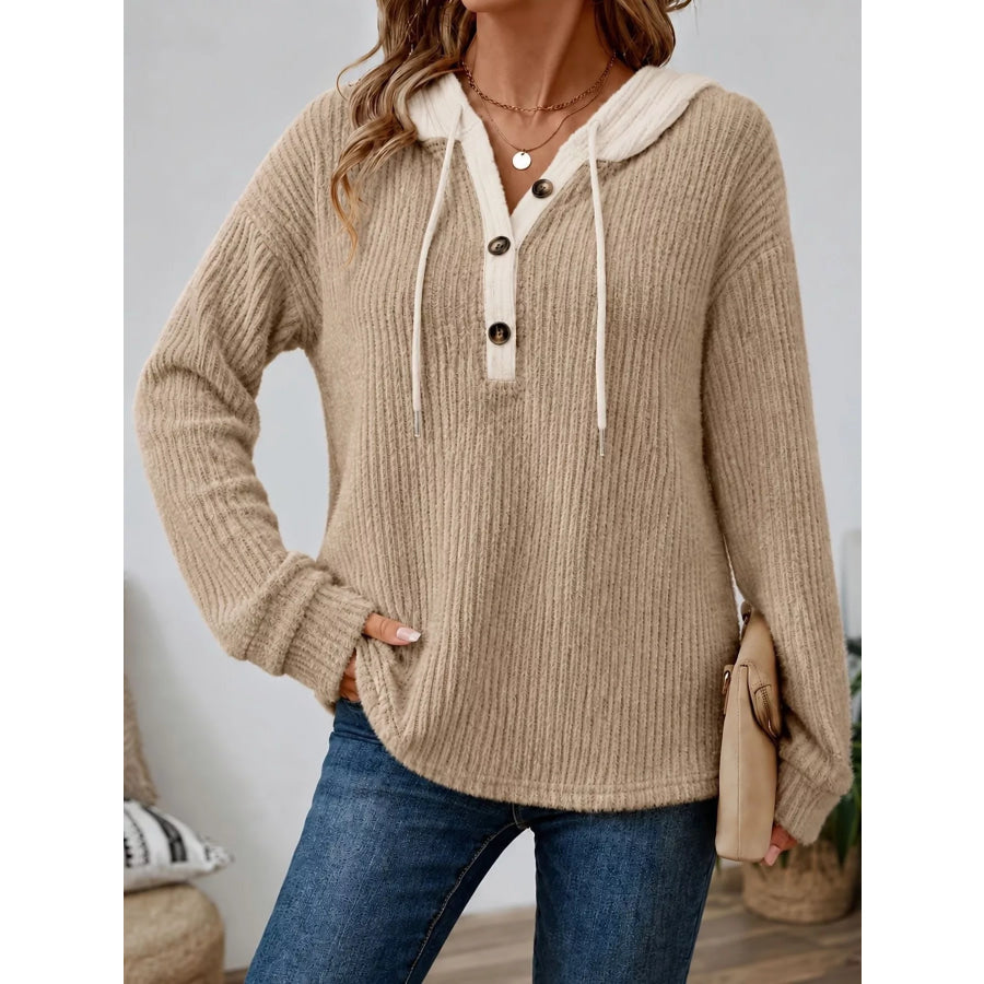 Full Size Drawstring Button Detail Hooded Sweater Plus Size Khaki / S Apparel and Accessories