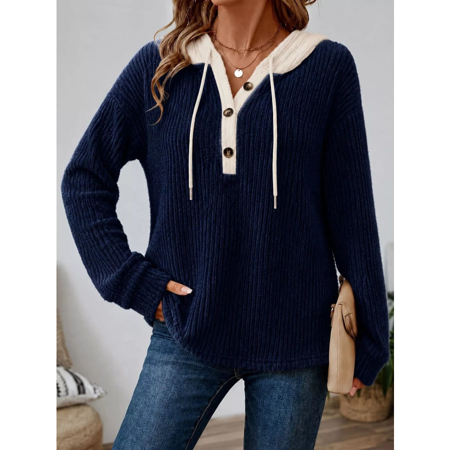 Full Size Drawstring Button Detail Hooded Sweater Plus Size Navy / S Apparel and Accessories