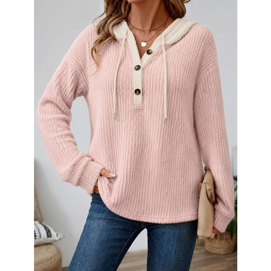 Full Size Drawstring Button Detail Hooded Sweater Plus Size Pink / S Apparel and Accessories