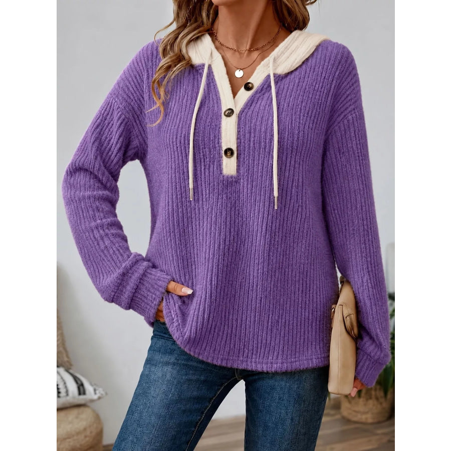 Full Size Drawstring Button Detail Hooded Sweater Plus Size Purple / S Apparel and Accessories