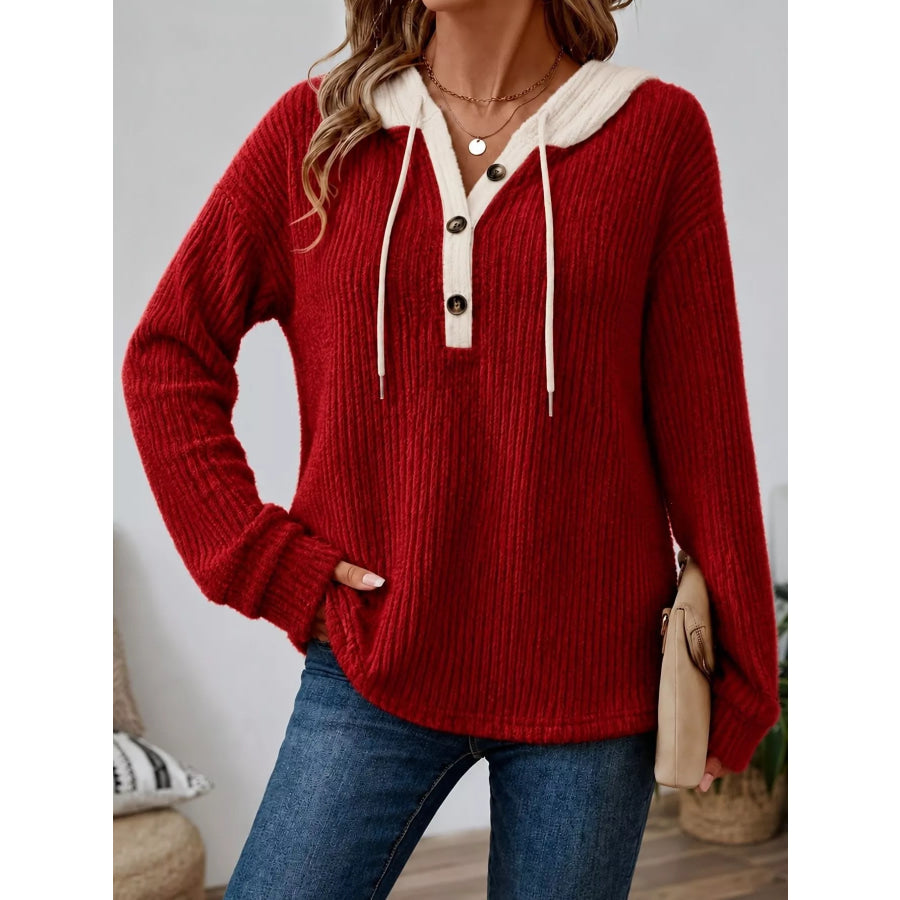 Full Size Drawstring Button Detail Hooded Sweater Plus Size Red / S Apparel and Accessories