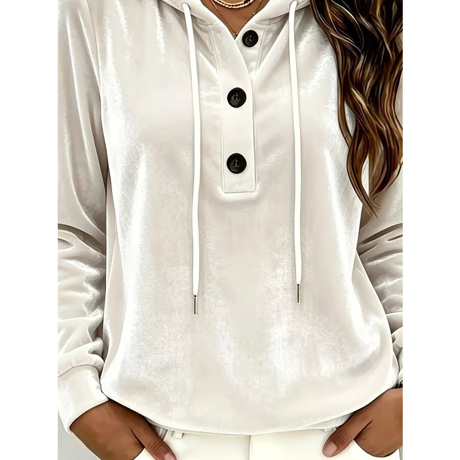 Full Size Drawstring Button Detail Hoodie Plus Size Apparel and Accessories