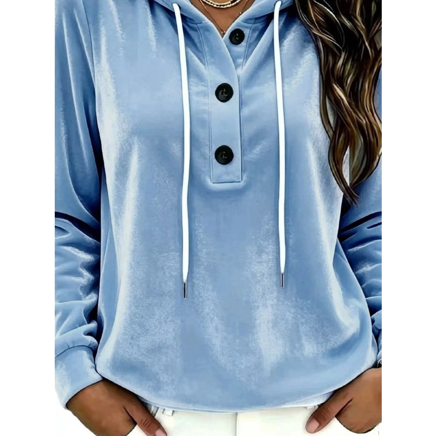 Full Size Drawstring Button Detail Hoodie Plus Size Apparel and Accessories