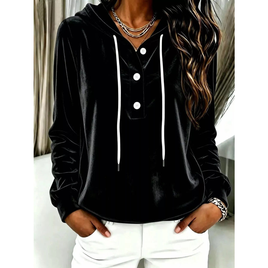 Full Size Drawstring Button Detail Hoodie Plus Size Black / S Apparel and Accessories