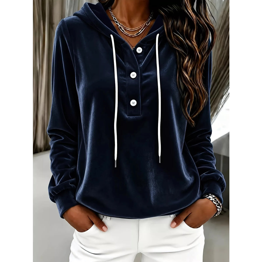 Full Size Drawstring Button Detail Hoodie Plus Size Navy / S Apparel and Accessories