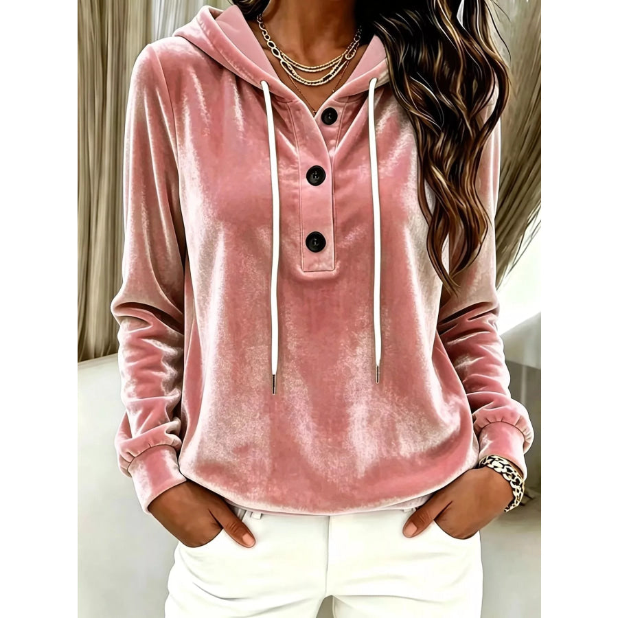 Full Size Drawstring Button Detail Hoodie Plus Size Pink / S Apparel and Accessories