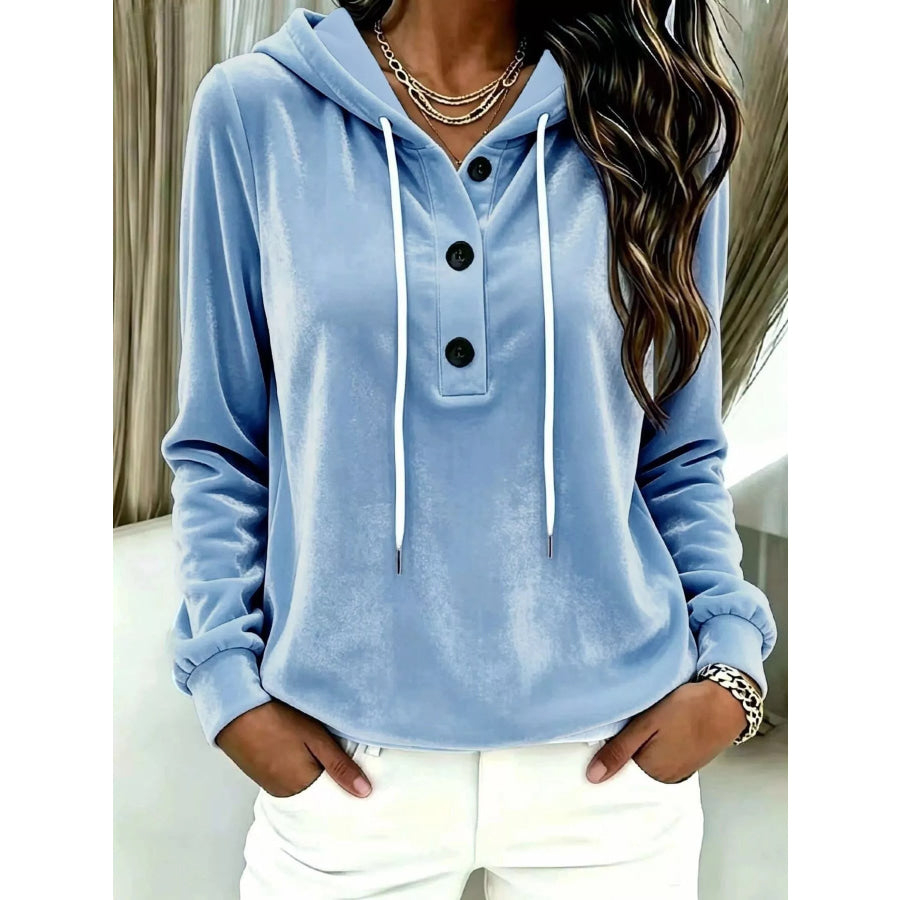 Full Size Drawstring Button Detail Hoodie Plus Size Sky Blue / S Apparel and Accessories