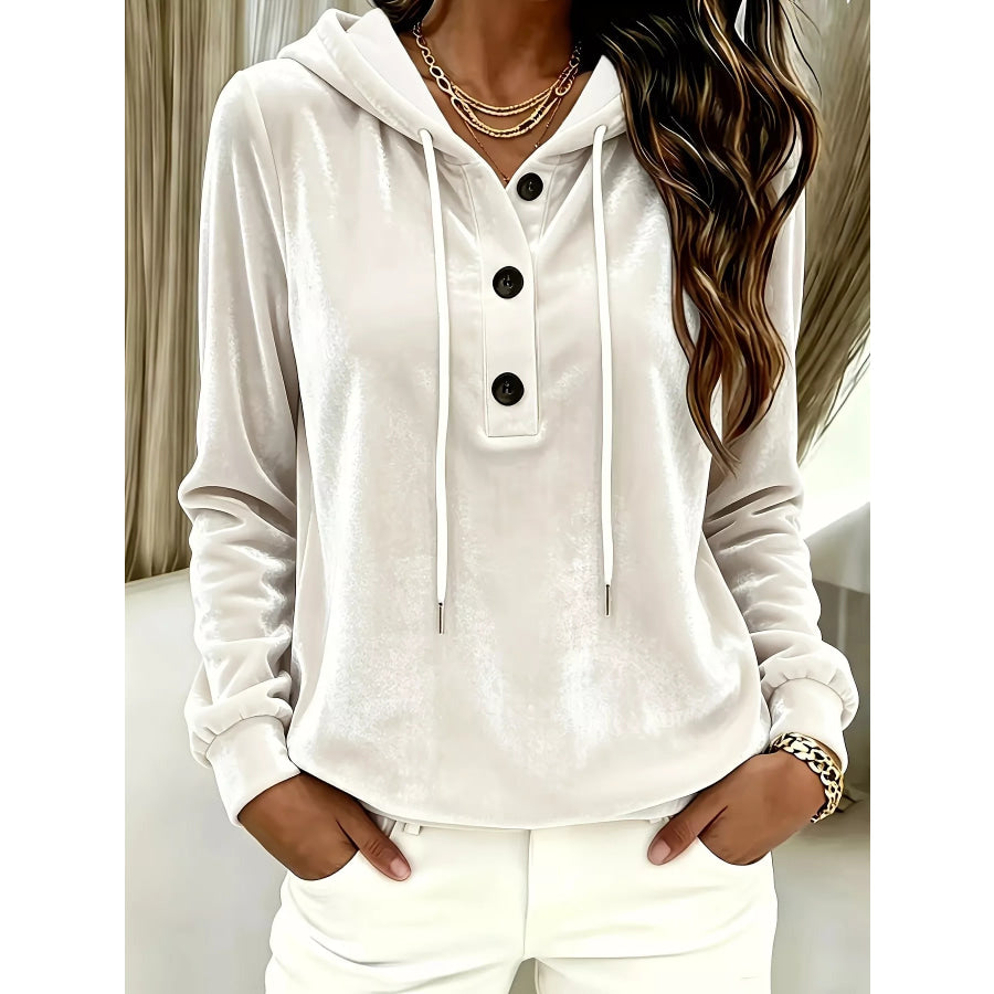 Full Size Drawstring Button Detail Hoodie Plus Size White / S Apparel and Accessories
