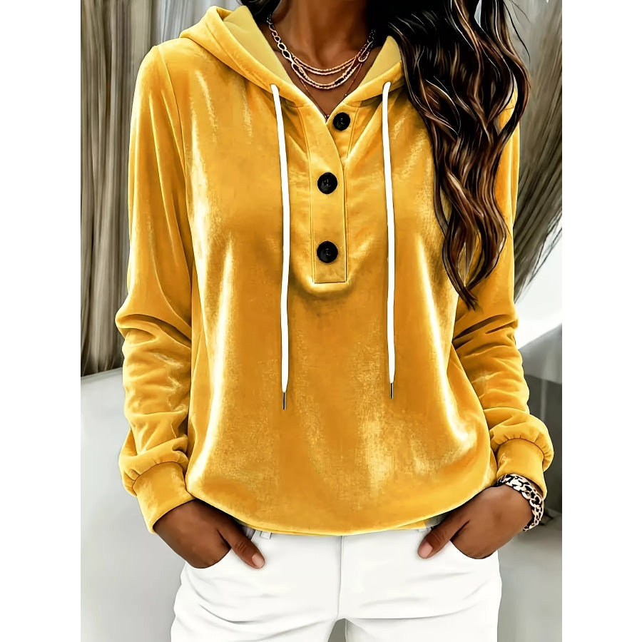 Full Size Drawstring Button Detail Hoodie Plus Size Yellow / S Apparel and Accessories