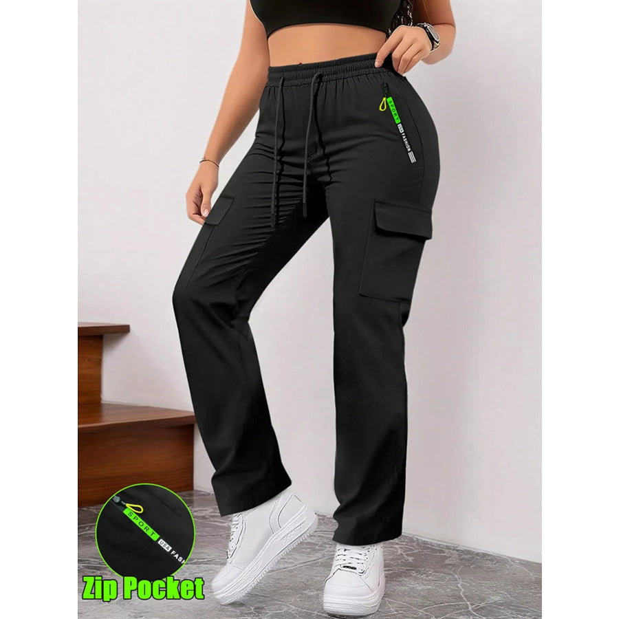 Full Size Drawstring Cargo Pants with Zip Pocket Plus Size Black / S Apparel and Accessories