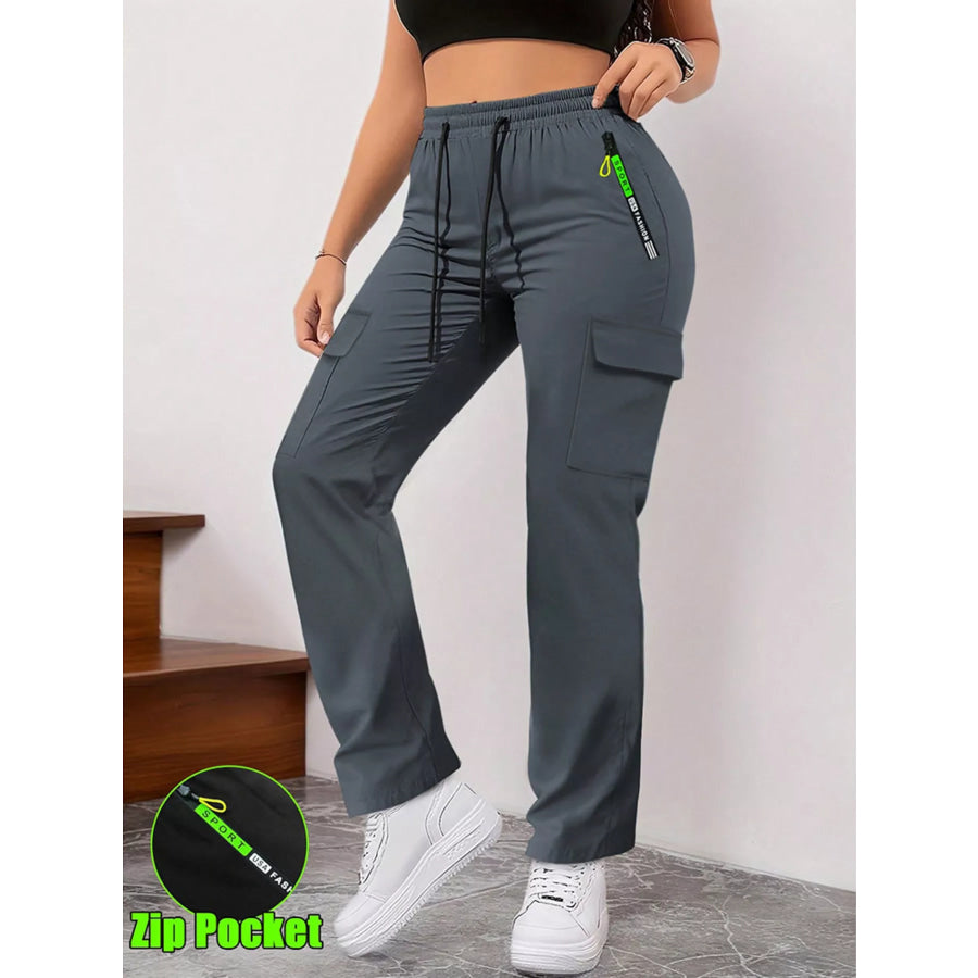 Full Size Drawstring Cargo Pants with Zip Pocket Plus Size Dark Gray / S Apparel and Accessories