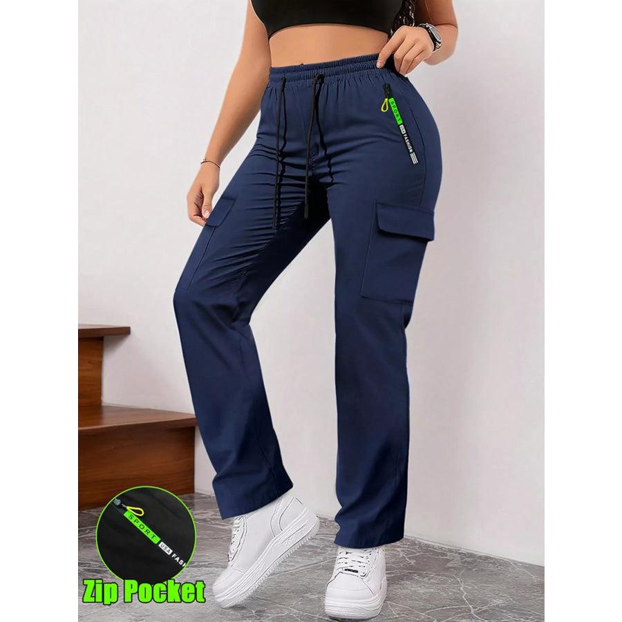 Full Size Drawstring Cargo Pants with Zip Pocket Plus Size Navy Blue / S Apparel and Accessories
