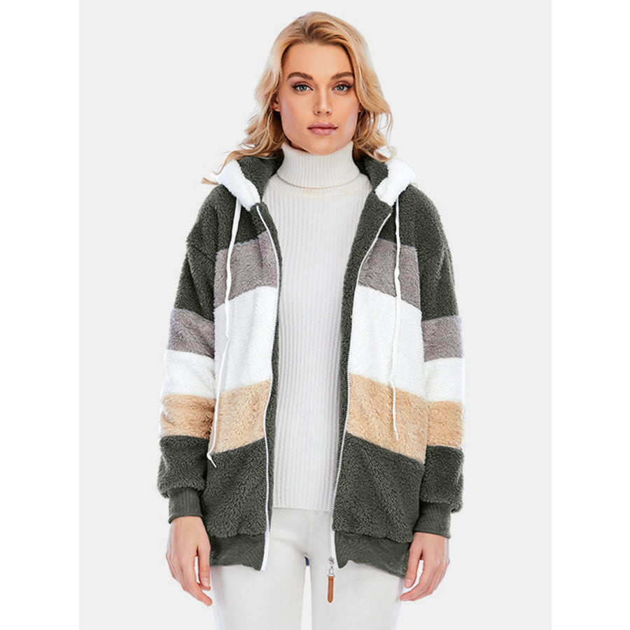Full Size Drawstring Color Block Zip Up Hooded Outerwear Apparel and Accessories