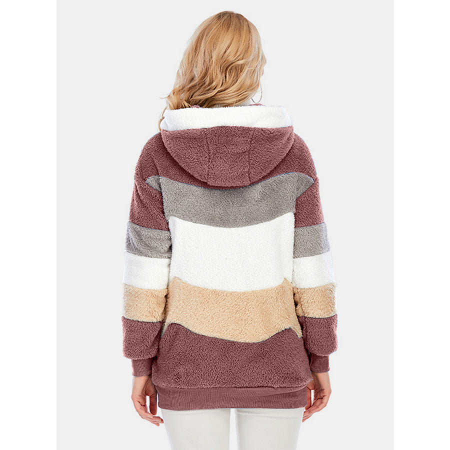 Full Size Drawstring Color Block Zip Up Hooded Outerwear Apparel and Accessories