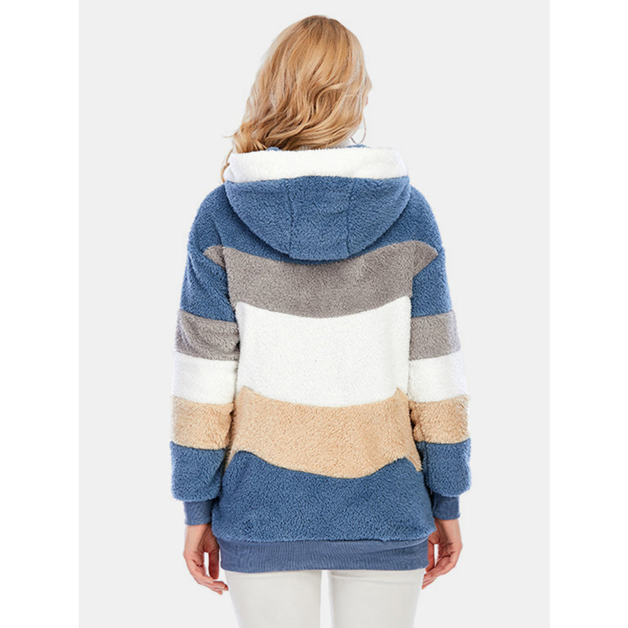 Full Size Drawstring Color Block Zip Up Hooded Outerwear Apparel and Accessories