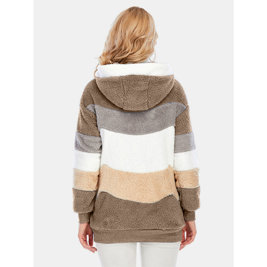 Full Size Drawstring Color Block Zip Up Hooded Outerwear Apparel and Accessories