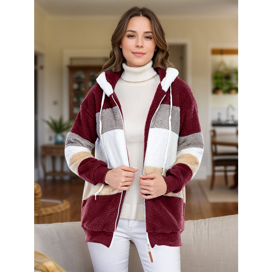 Full Size Drawstring Color Block Zip Up Hooded Outerwear Apparel and Accessories