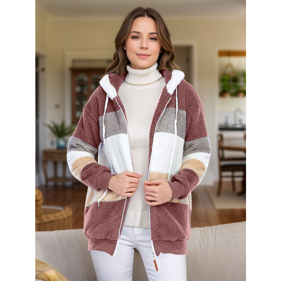 Full Size Drawstring Color Block Zip Up Hooded Outerwear Apparel and Accessories