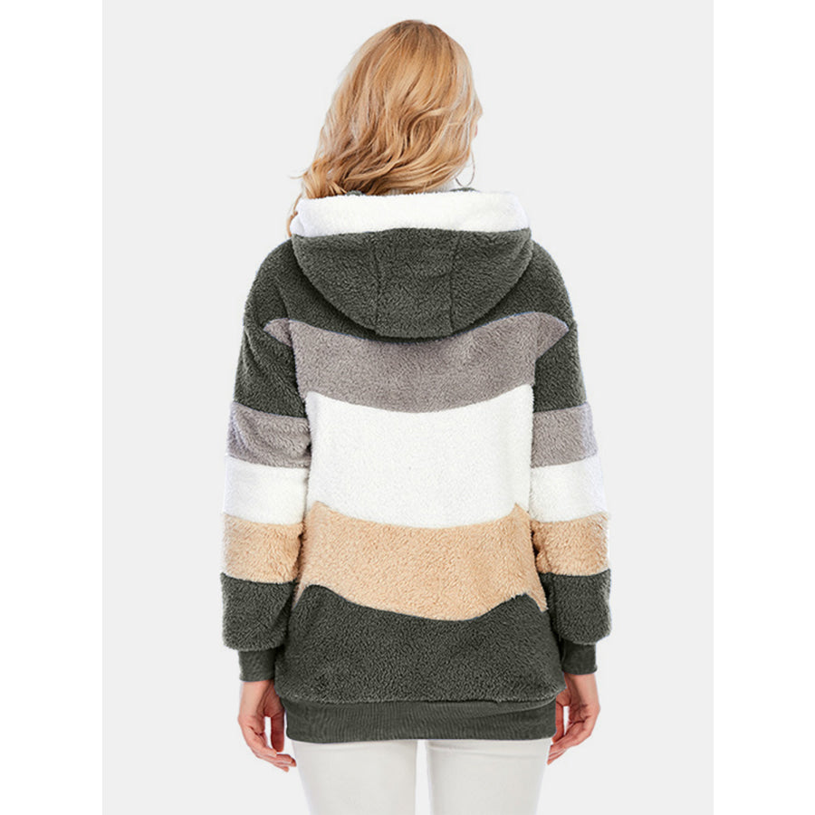 Full Size Drawstring Color Block Zip Up Hooded Outerwear Apparel and Accessories