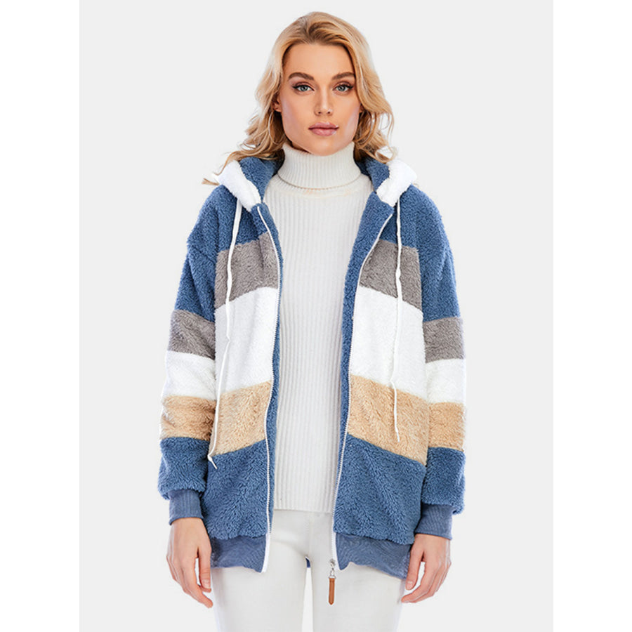 Full Size Drawstring Color Block Zip Up Hooded Outerwear Apparel and Accessories