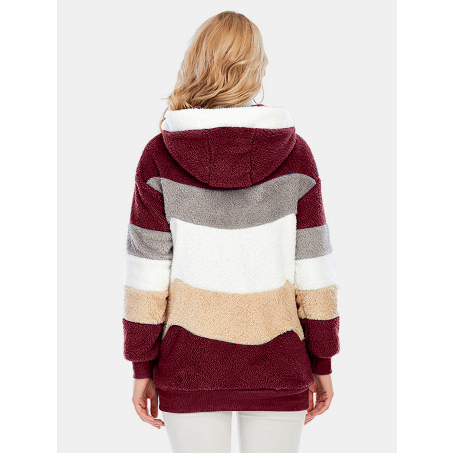 Full Size Drawstring Color Block Zip Up Hooded Outerwear Apparel and Accessories