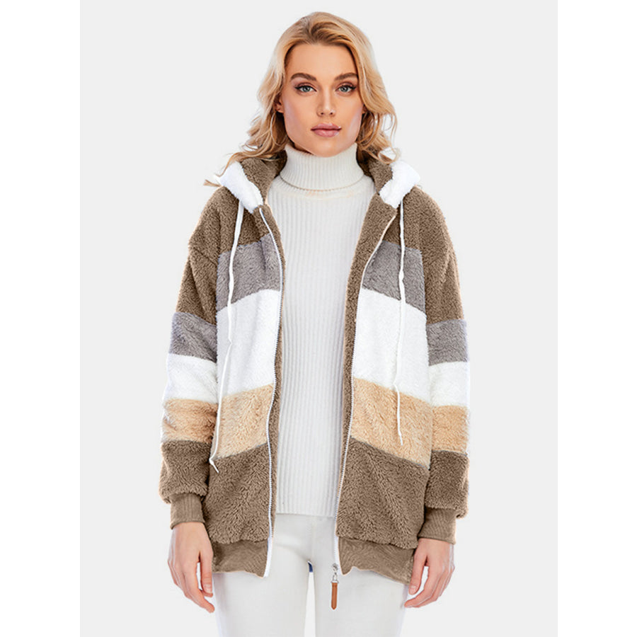 Full Size Drawstring Color Block Zip Up Hooded Outerwear Apparel and Accessories