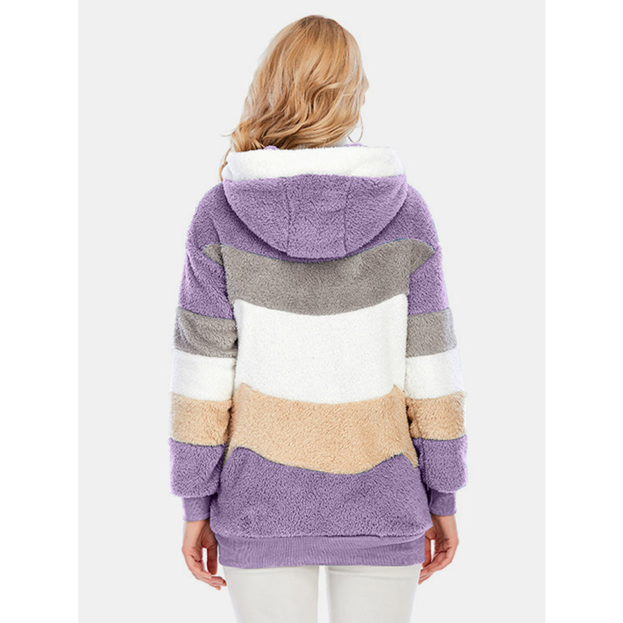 Full Size Drawstring Color Block Zip Up Hooded Outerwear Apparel and Accessories