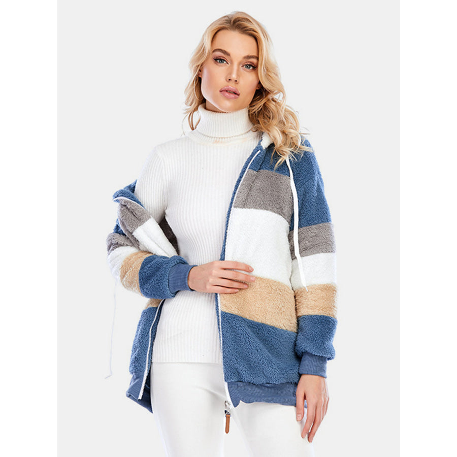 Full Size Drawstring Color Block Zip Up Hooded Outerwear Apparel and Accessories