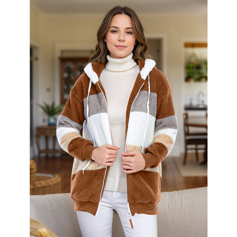 Full Size Drawstring Color Block Zip Up Hooded Outerwear Apparel and Accessories