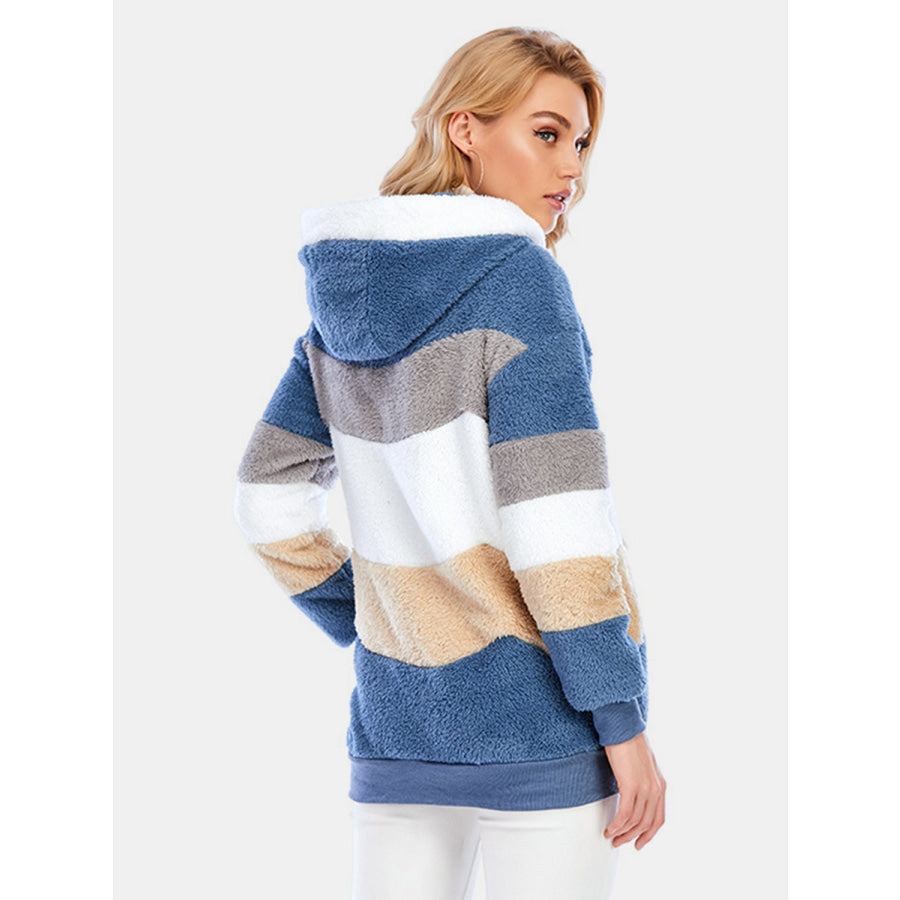 Full Size Drawstring Color Block Zip Up Hooded Outerwear Apparel and Accessories