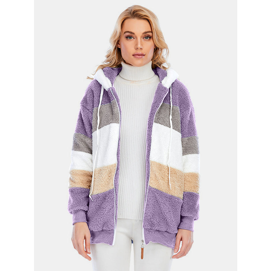 Full Size Drawstring Color Block Zip Up Hooded Outerwear Apparel and Accessories
