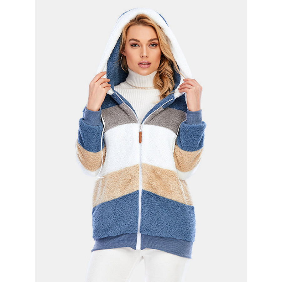 Full Size Drawstring Color Block Zip Up Hooded Outerwear Apparel and Accessories