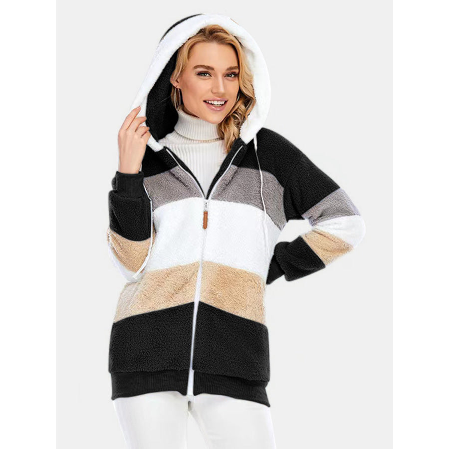 Full Size Drawstring Color Block Zip Up Hooded Outerwear Black / S Apparel and Accessories
