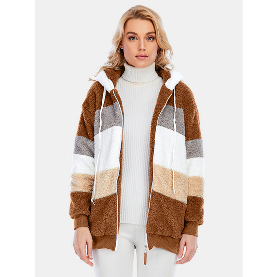 Full Size Drawstring Color Block Zip Up Hooded Outerwear Caramel / S Apparel and Accessories