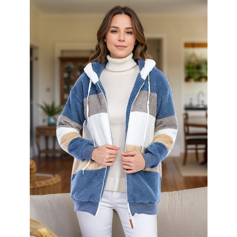 Full Size Drawstring Color Block Zip Up Hooded Outerwear Dusty Blue / S Apparel and Accessories