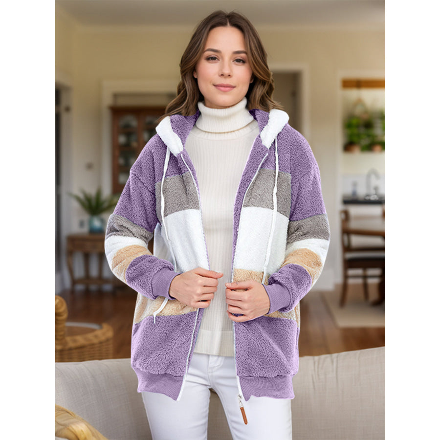 Full Size Drawstring Color Block Zip Up Hooded Outerwear Lavender / S Apparel and Accessories