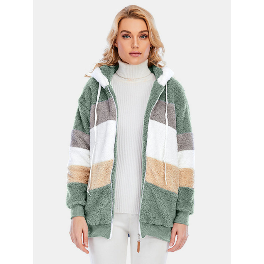 Full Size Drawstring Color Block Zip Up Hooded Outerwear Sage / S Apparel and Accessories