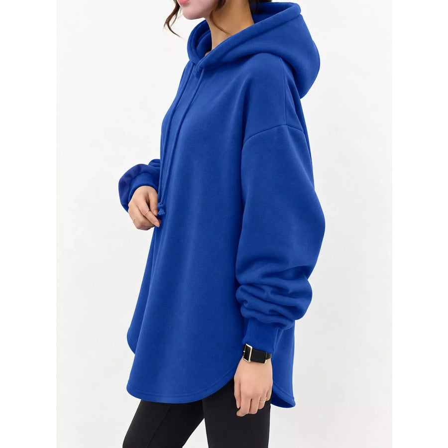 Full Size Drawstring Dropped Shoulder Hoodie Plus Apparel and Accessories