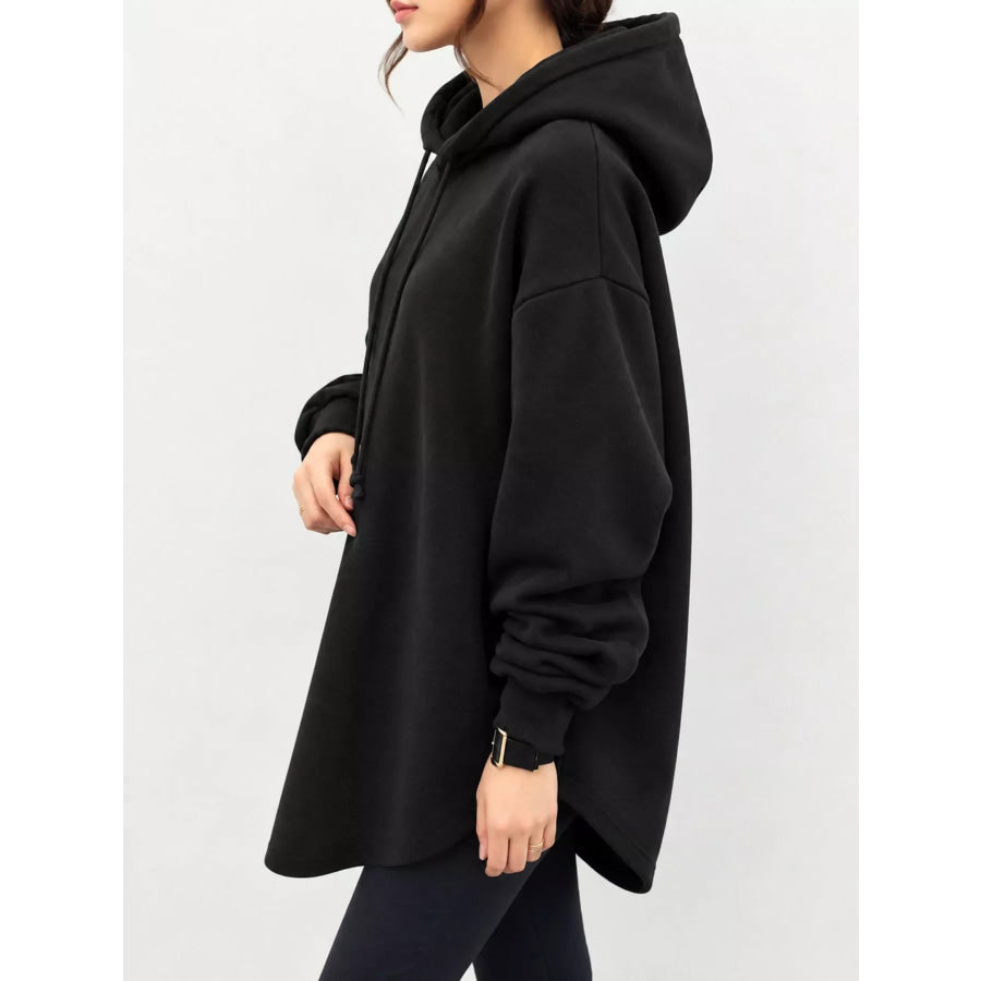 Full Size Drawstring Dropped Shoulder Hoodie Plus Apparel and Accessories