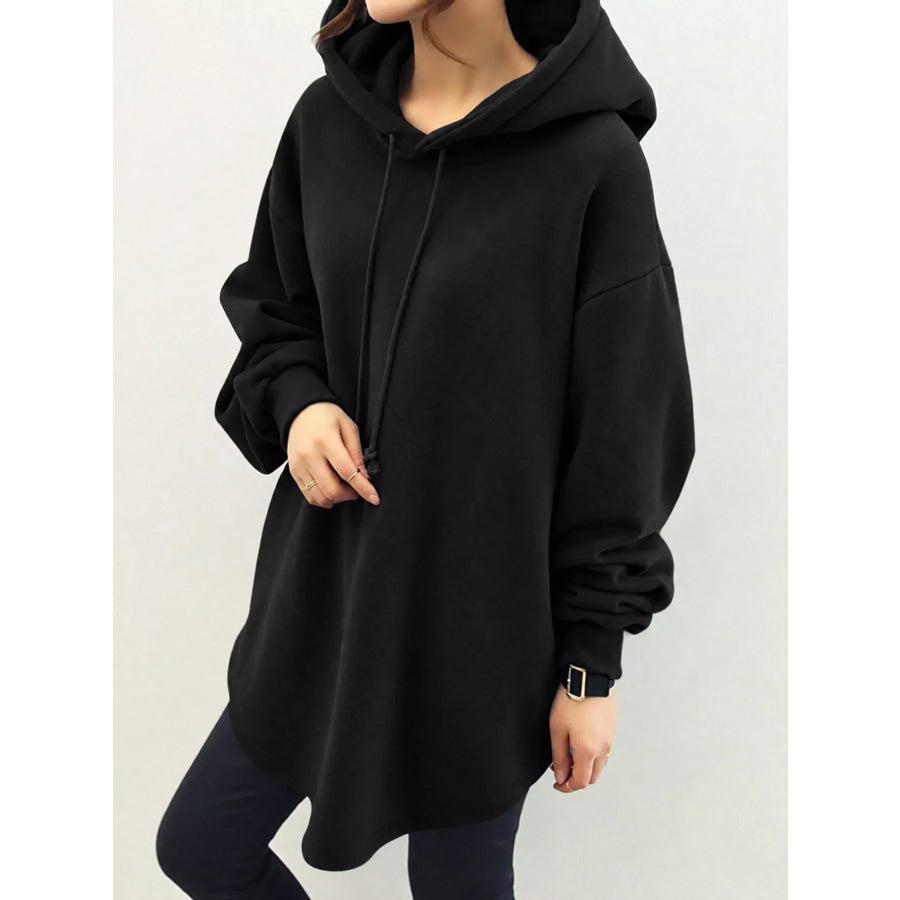 Full Size Drawstring Dropped Shoulder Hoodie Plus Black / S Apparel and Accessories