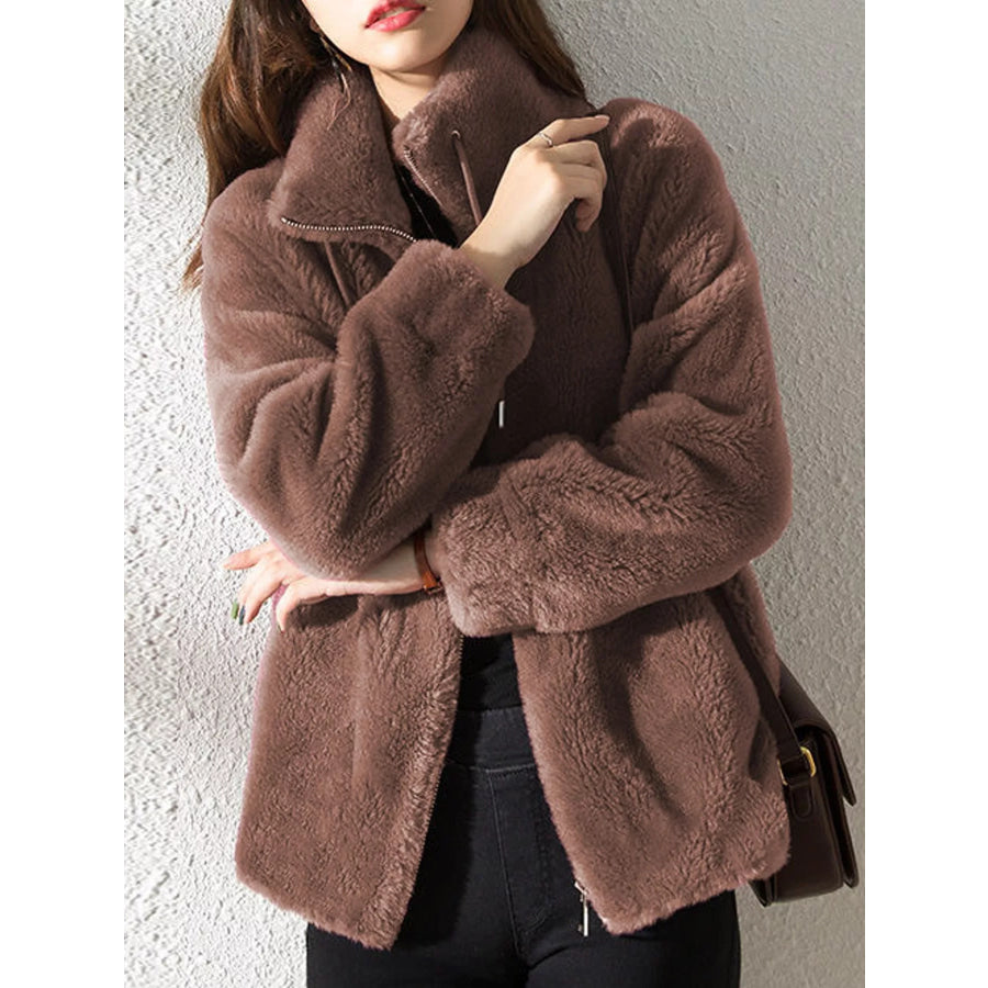Full Size Drawstring Faux Fur Stand-Collar Zip-Up Outerwear Plus Apparel and Accessories