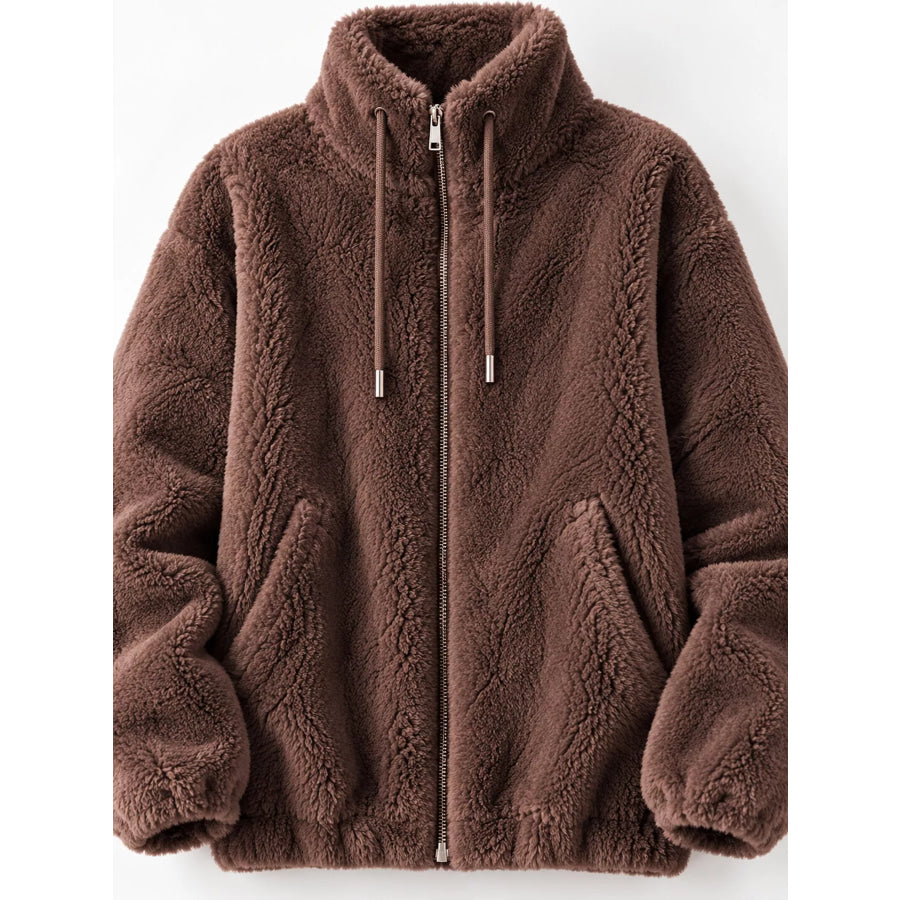 Full Size Drawstring Faux Fur Stand-Collar Zip-Up Outerwear Plus Apparel and Accessories