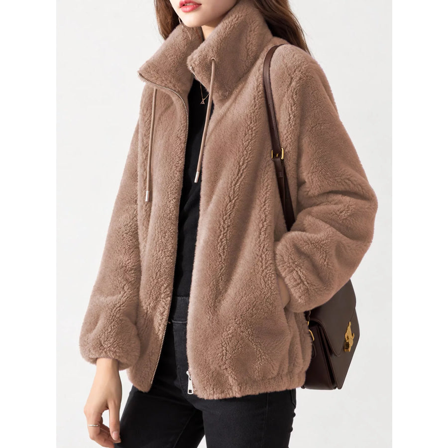 Full Size Drawstring Faux Fur Stand-Collar Zip-Up Outerwear Plus Apparel and Accessories