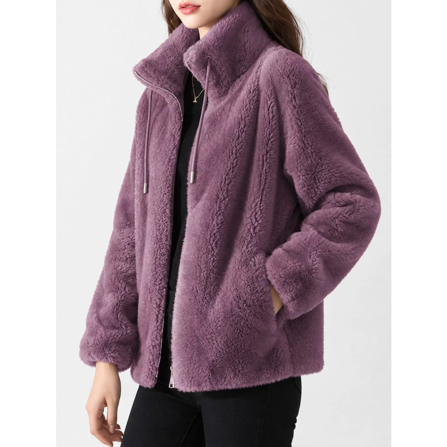 Full Size Drawstring Faux Fur Stand-Collar Zip-Up Outerwear Plus Apparel and Accessories