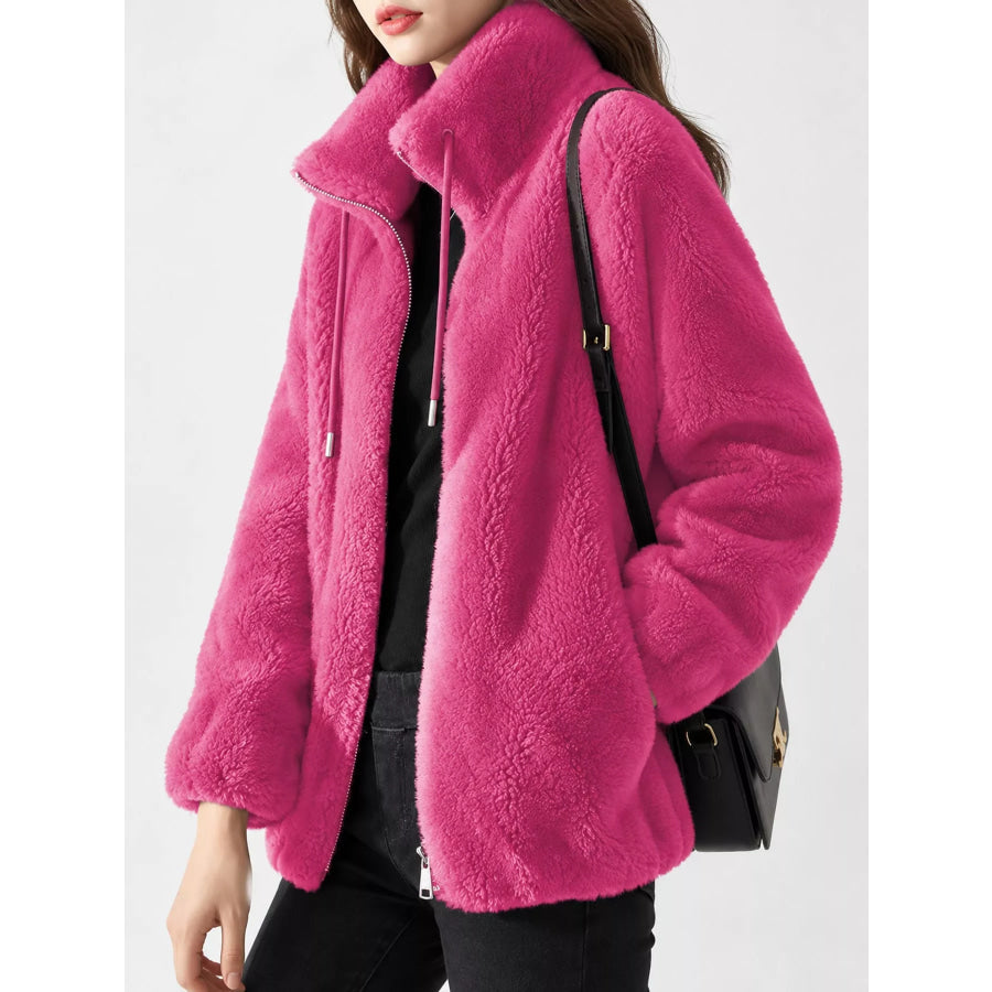 Full Size Drawstring Faux Fur Stand-Collar Zip-Up Outerwear Plus Apparel and Accessories