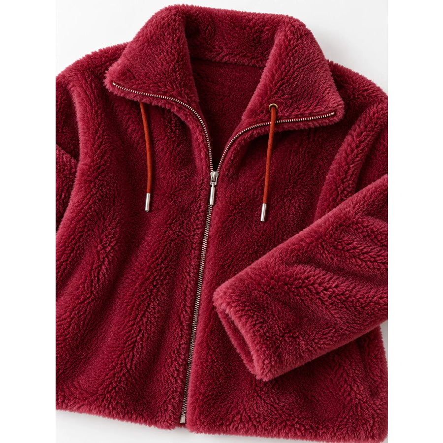 Full Size Drawstring Faux Fur Stand-Collar Zip-Up Outerwear Plus Apparel and Accessories